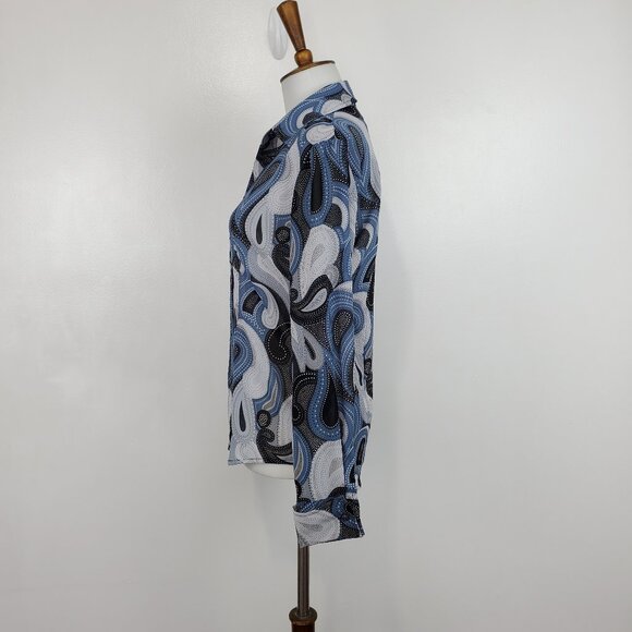 New York & Company Gray Blue Black Paisley French Cuff Retro Top Blouse Size XS - Picture 4 of 13